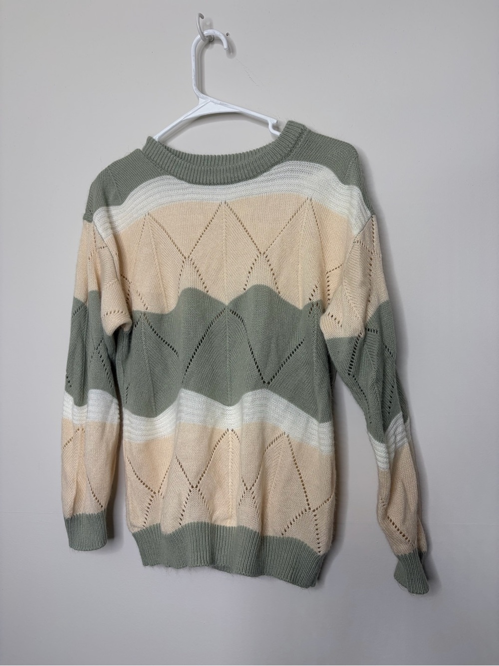 Striped Knit Crewneck Sweater in Sage, Cream, and White, boho, preppy